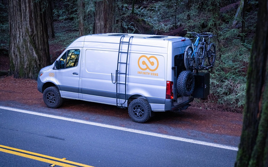 Infographic on van life cost savings in 2025, showing $15,000 annual savings vs. renting, with a van parked near a lake and a happy couple.